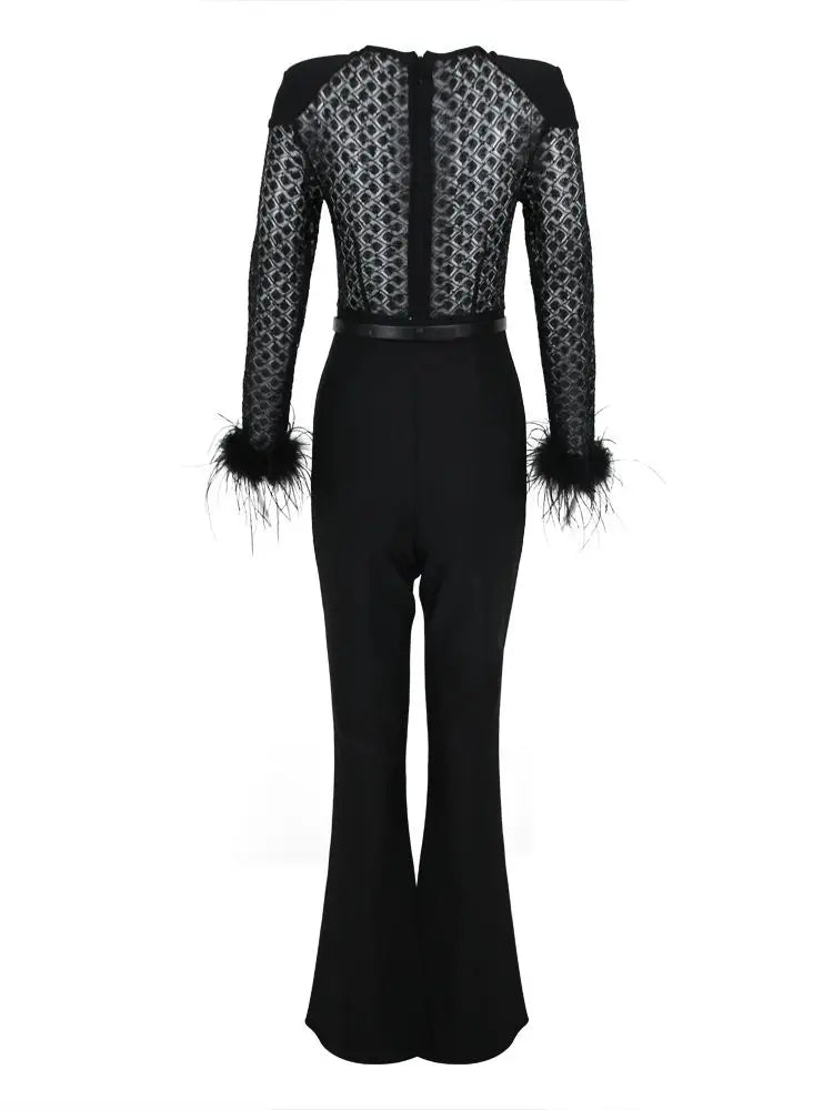 Designer Feather See Through Glitter Black Bandage Bodycon High Street Celebrity Jumpsuit Rompers