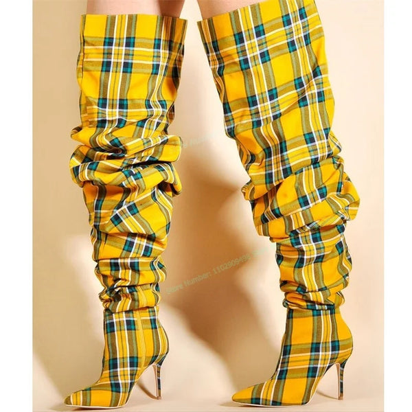 Mixed Color Plaid Over The Knee Boots Pointed Toe Shoes