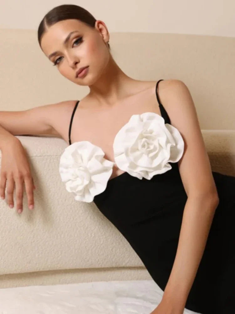 Hollow out Italian Noodle Strap 3D Flower Design Bandage Long Dress