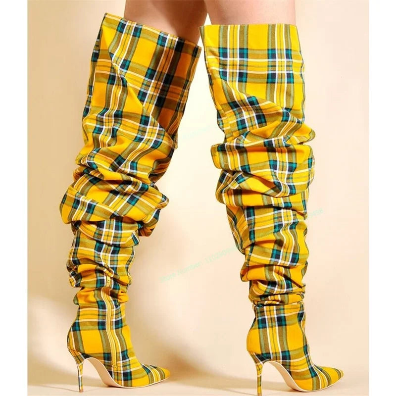 Mixed Color Plaid Over The Knee Boots Pointed Toe Shoes