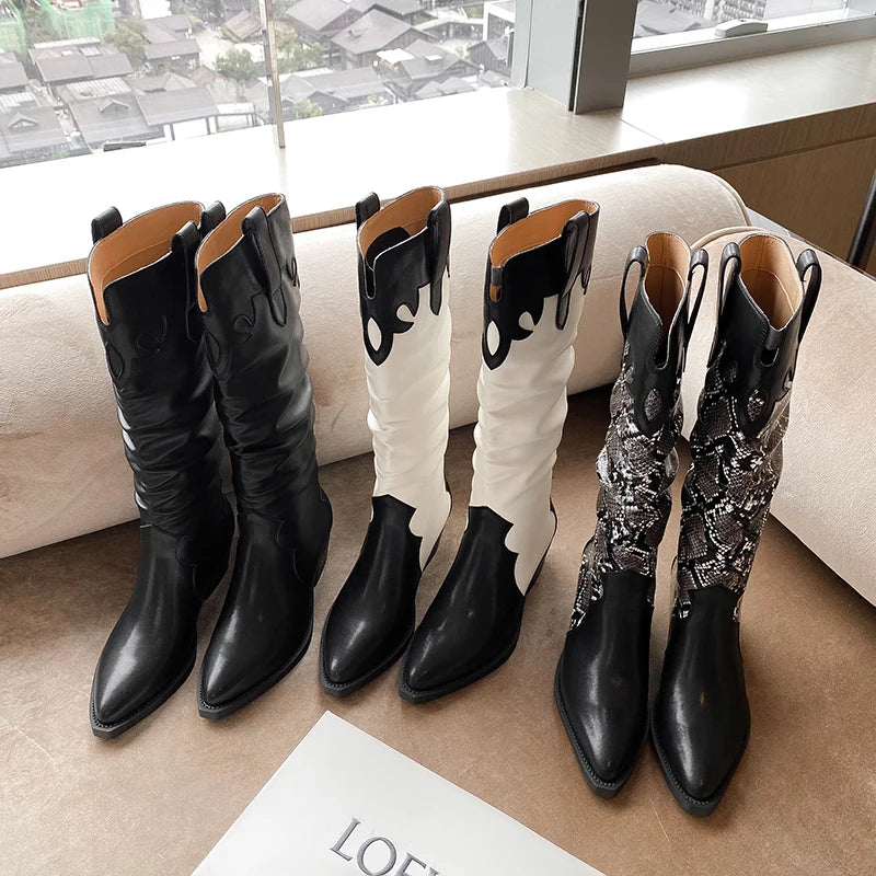 Retro Leather Boots Chunky High Heels Western Cowboy Boots Knee High Boots Pointed Toe Slip-on Long Boots Botas