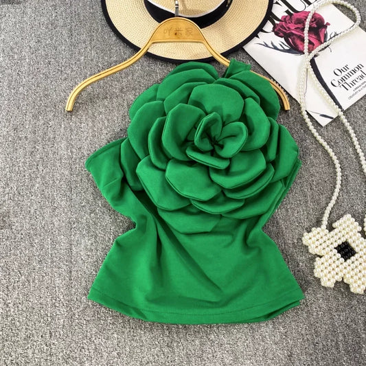 3D Large Flower Oblique Collar One Shoulder Tops