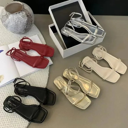 Spring Autumn New Fashionable Korean Style Casual Low Heel Square Toe Sandals With Dress Beach Sea