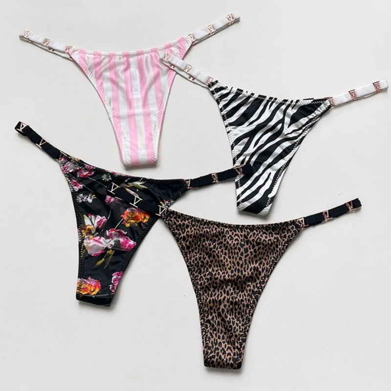 Thong Women Underwear Briefs Panties Zebra Flower Low Rise Luxury Metal Buckle G-String Bikini Girls Female Panty