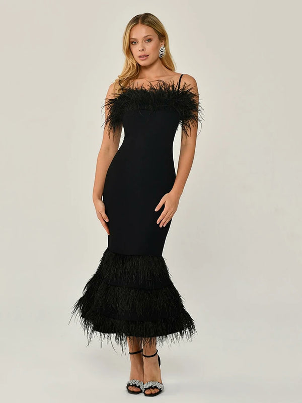 Sleeveless Strapless Feather Mermaid Midi Bandage Dress Black Elegant Celebrity Party Dress