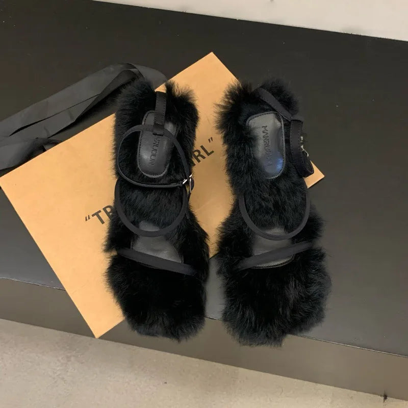 2023 Sandals Buckle Strap Fur Heels Women's Low Shoes Suit Female Beige New Fashion Low-heeled Comfort Black Stiletto Girls