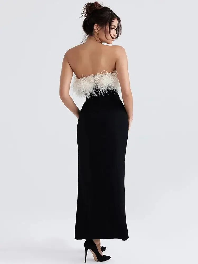 Evening Party Long Tight Bodycon Elegant Feather Strapless Side Split Birthday Club Clothing