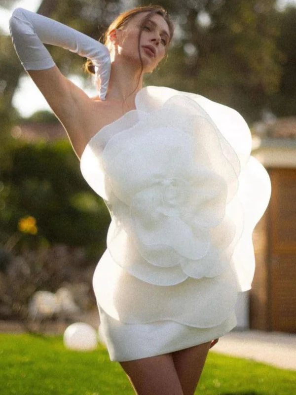 Flower White Women's Mini Bodycon Dress Elegant Fashion Strapless Sleeveless Evening Party Bride Dress