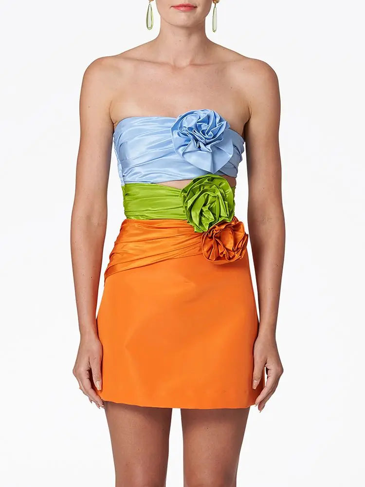 Strapless Flower Pleated Tight Fit Mini Dress Elegant Celebrity Party Dress