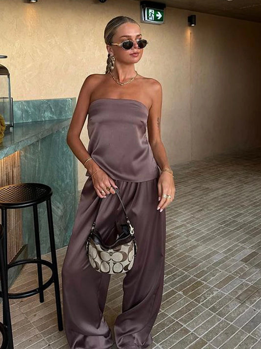 2Piece Outfits Bandage Lace-up Backless Bandeau Tops+ Wide Leg Pants Set