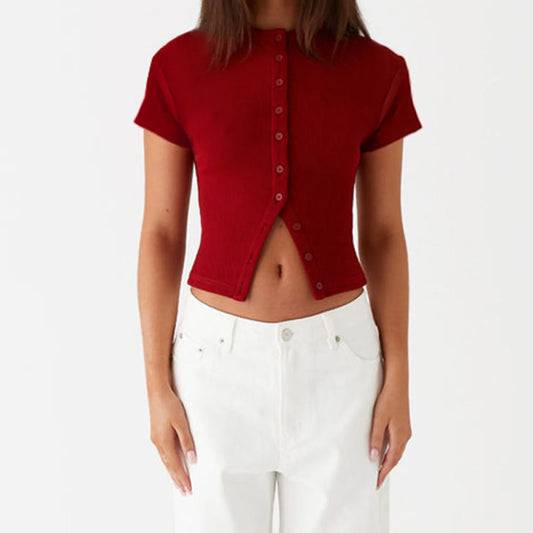 Sumemr Short Sleeve T Shirts for Women Ribbed Casual Slim Fits Tops Tee Fashion Y2K Clothes T-shirt Solid Button Up Tees Tops
