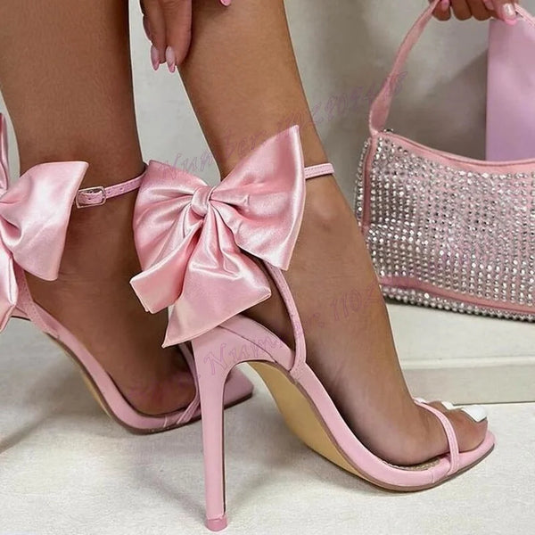 Pink Bow Knot Satin Sandals Slip On Open Toe Shoes