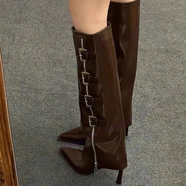 Brown Strappy Buckle Knee High Boots Pointed Toe Shoes Zapatos Para Mujere
