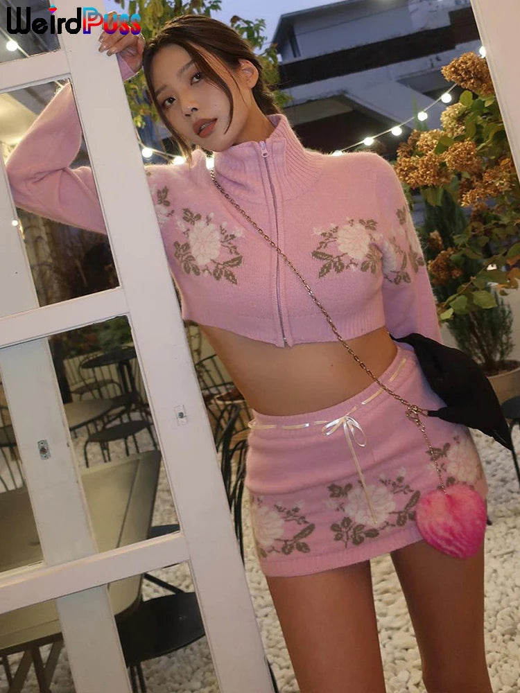 Sweet Women 2 Piece Set Casual Flowers Zipper Crop Tops+Mini Skirts Matching Streetwear Knit Autumn Matching Suits