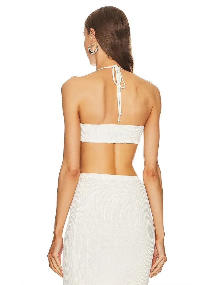 New Women's White Sexy Diamond Flower Short Top Bodycon Small Leg Skirt Set Evening  Party Bandage Set