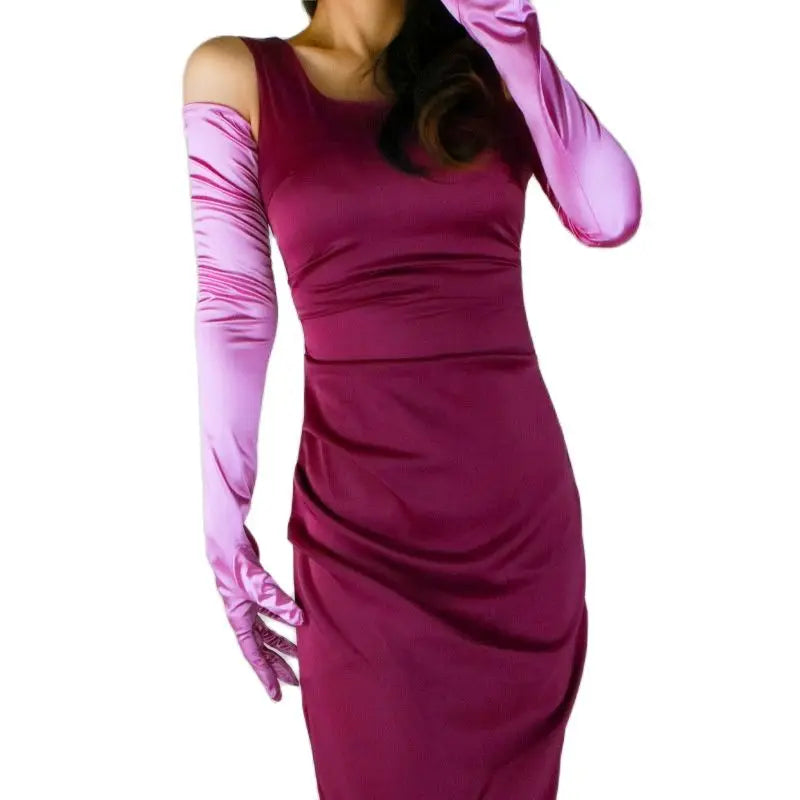 Satin Silk Gloves Female 70cm Elastic Mercerized Pearl Satin Dark Green Extra Long Women Sunscreen Gloves WSG18