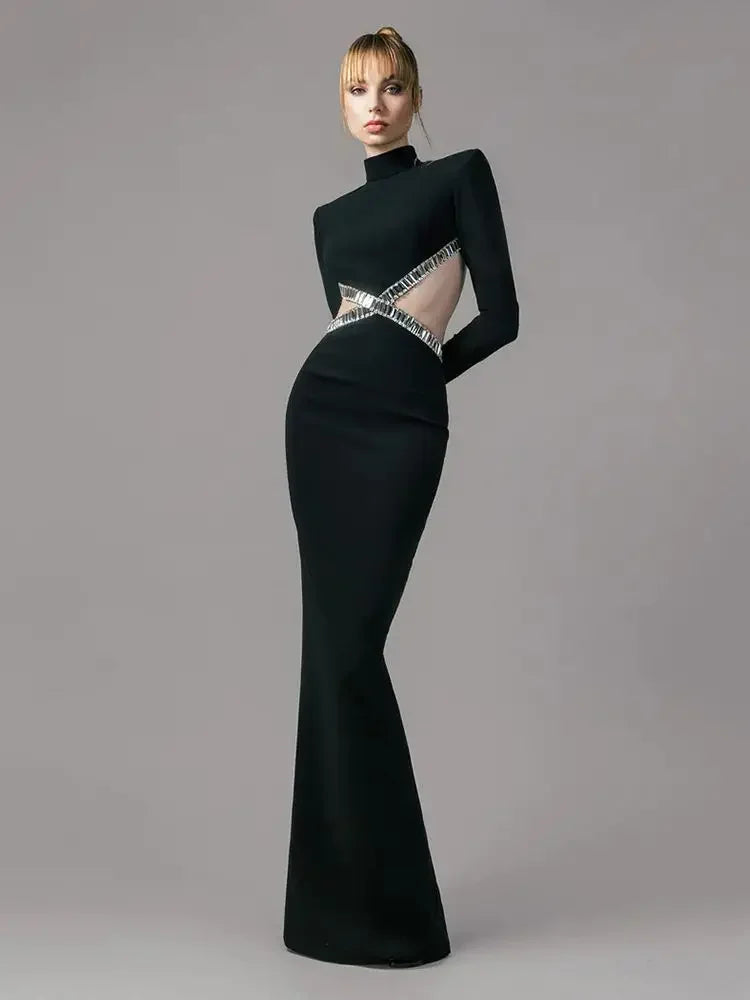 Luxury Diamond Hollow Sexy Long Sleeve Backless Long Bandage Dress Elegant Celebrity Party Dress