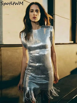 Silver Tassles Short Sleeve Dress