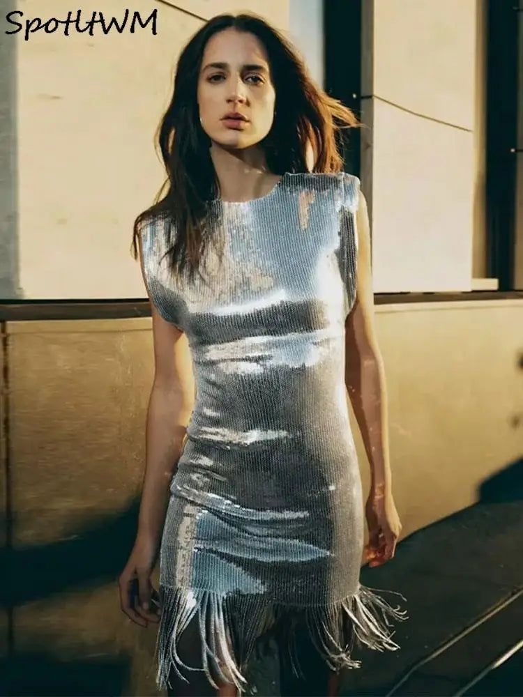 Silver Tassles Short Sleeve Dress