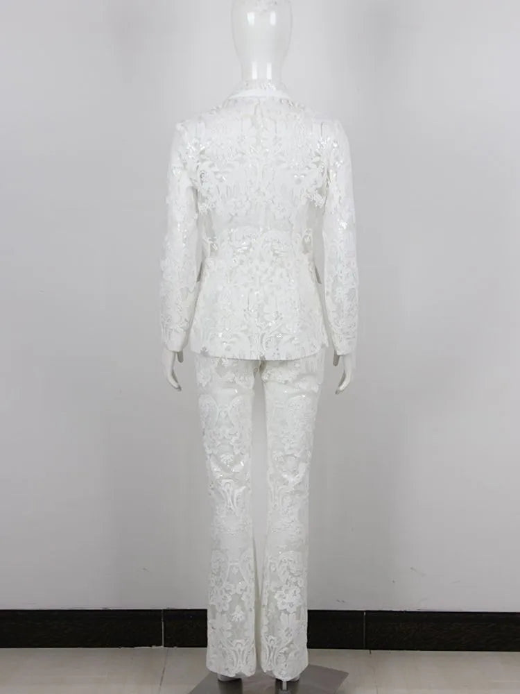 White Lace Suit Pants Set Sexy Lace Wide Leg Pants Set Slim Fit Pants Jacket 2 Piece Set