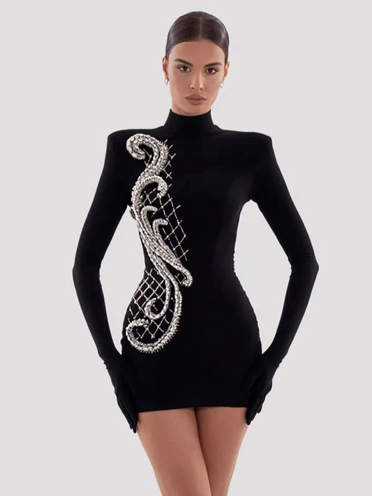 Luxury Diamond Long Sleeve Tight Bandage Mini Dress Rayon Fashion Cocktail Celebration Party Dress