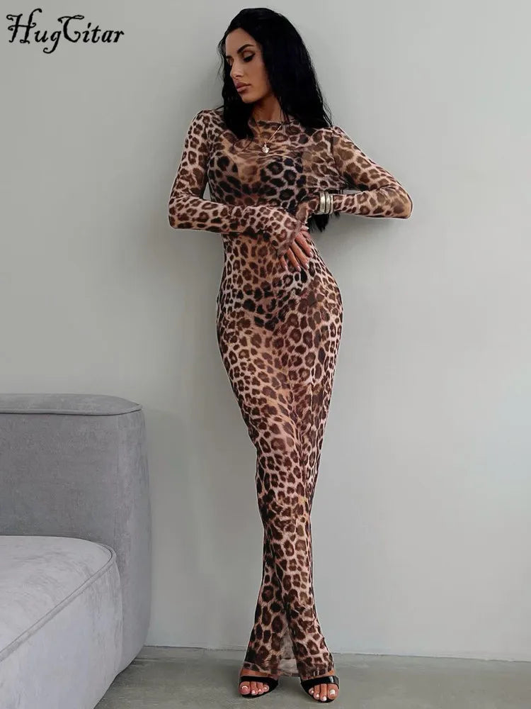 Leopard Print Mesh Long Sleeve Slim  See Through Maxi Dress