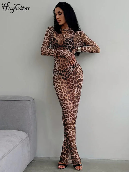 Leopard Print Mesh Long Sleeve Slim  See Through Maxi Dress