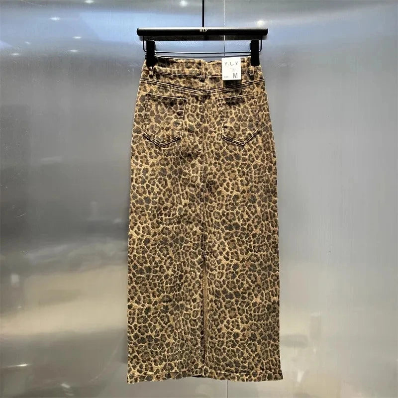 New Temperament Leopard Fashion Skirt spring Summer And Autumn New High Waist Slim Fashion Leopard Denim Hip Skirt