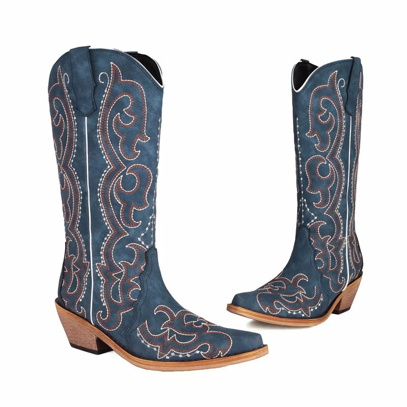 Denim Boots Blue Mid Calf Chunky Heel Embroider Cowgirl Cowboy Boots For Women Western Shoes