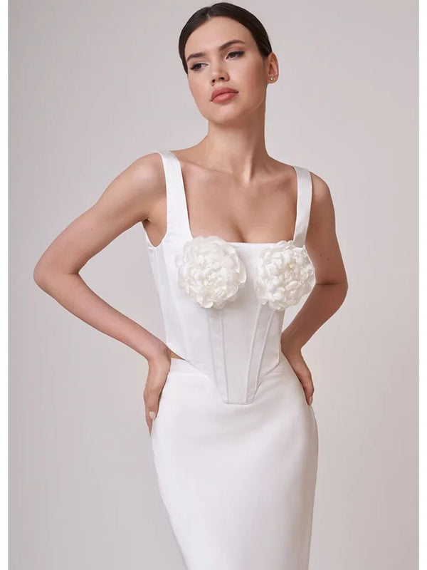 Black White 3D Flower Bandage Skirt Set Knitted Elegant Evening Club Sets Dress