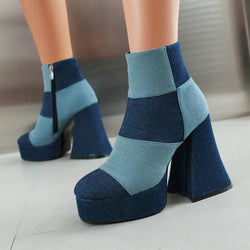 Platform Boots For Women Ankle Fashion Block Heel Round Toe High Heeled Shoes y2k Denim Boots