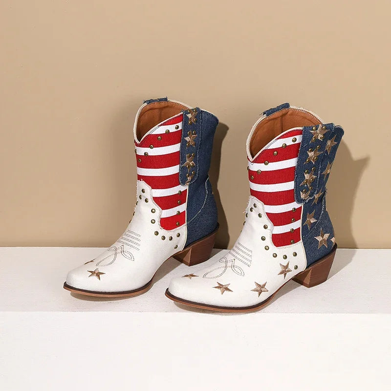 Cowgirl Cowboy Western Boots USA Flag Ankle Booties Denim Stars Stripes Heeled Shoes 2025 New Footwear