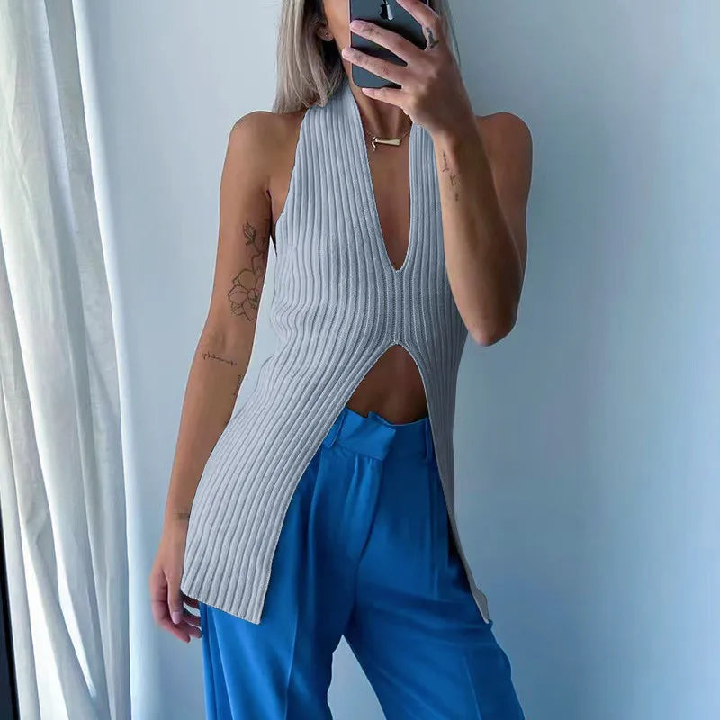 Skinny Knitted Sweater Vest New V-Neck Slit Sleeveless Women's Chic Knit Vest for Women Summer Tops