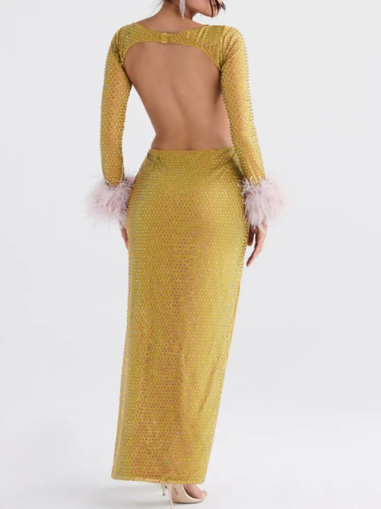 New Backless Long Sleeve Crystal Diamonds Long Dress Stretched Split Evening Party Night Club Dress