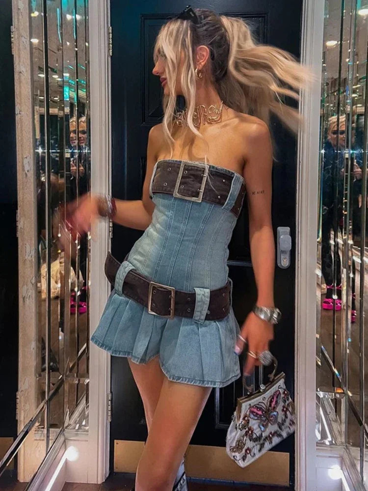 Mini Dress Y2K Mesh Patchwork Sheer Chic Buckle Denim Dress