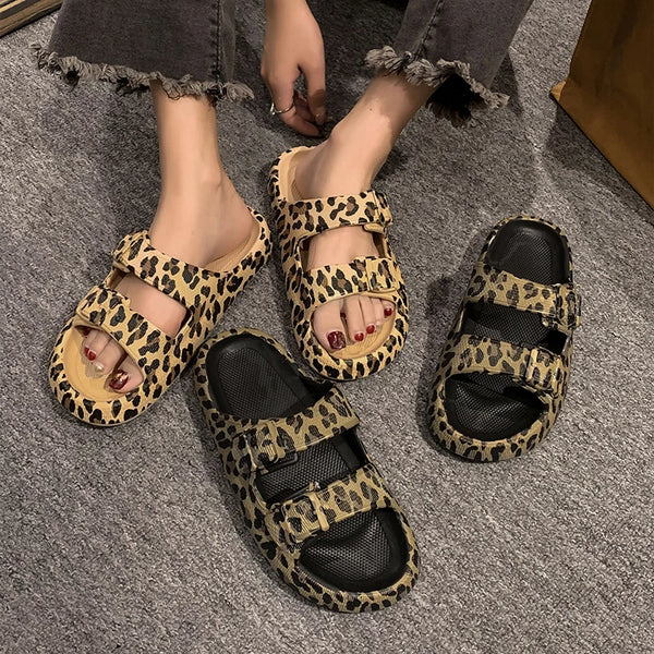 Leopard Print Platform Slippers Casual Thick Sole Indoor and Outdoor Sandals Beach Shoes