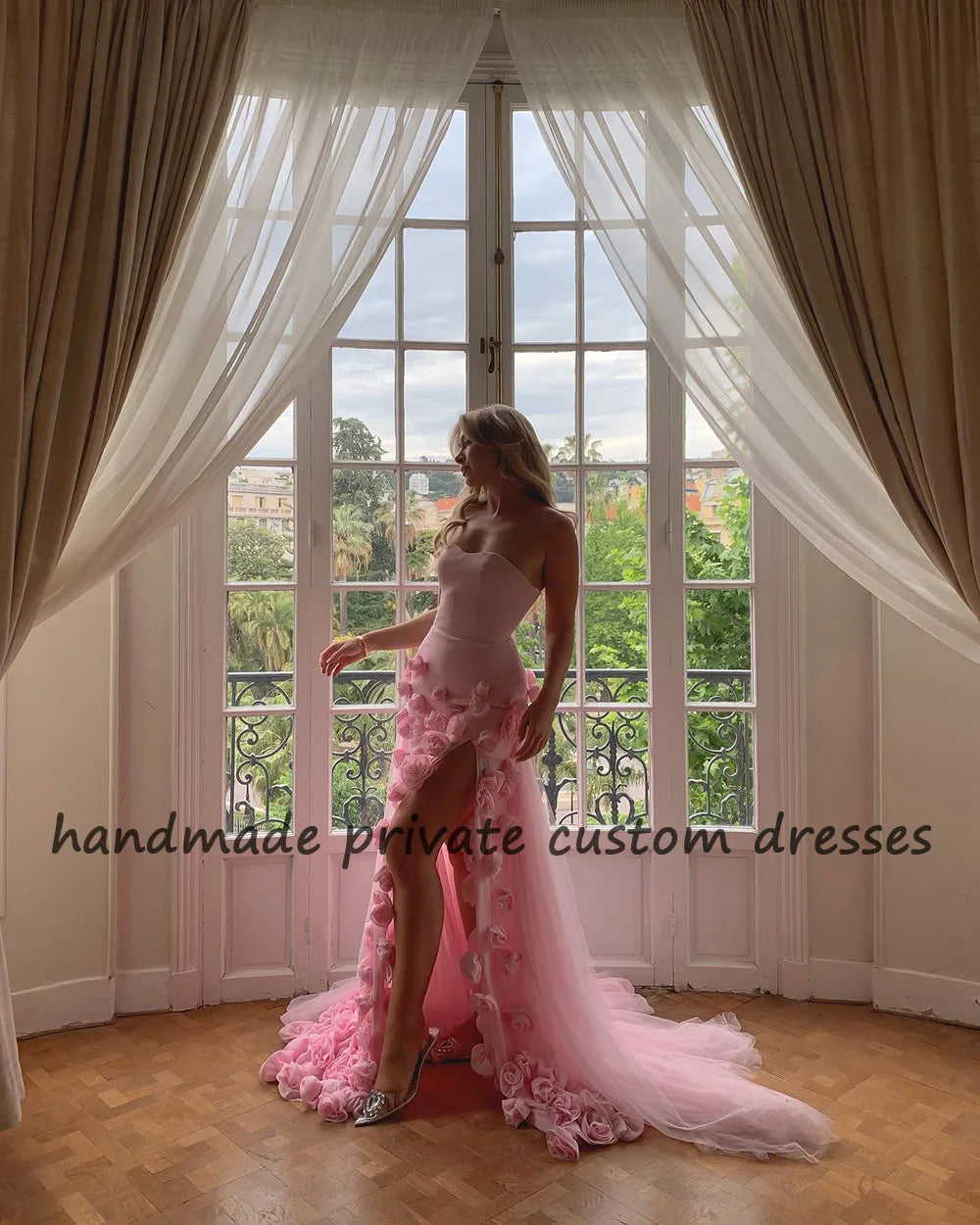 Pink Mermaid Fairy Evening Prom Dresses Side Split Handmade Flower Tulle Party Dress Pirncess Sweetheart Homecoming Prom Gowns