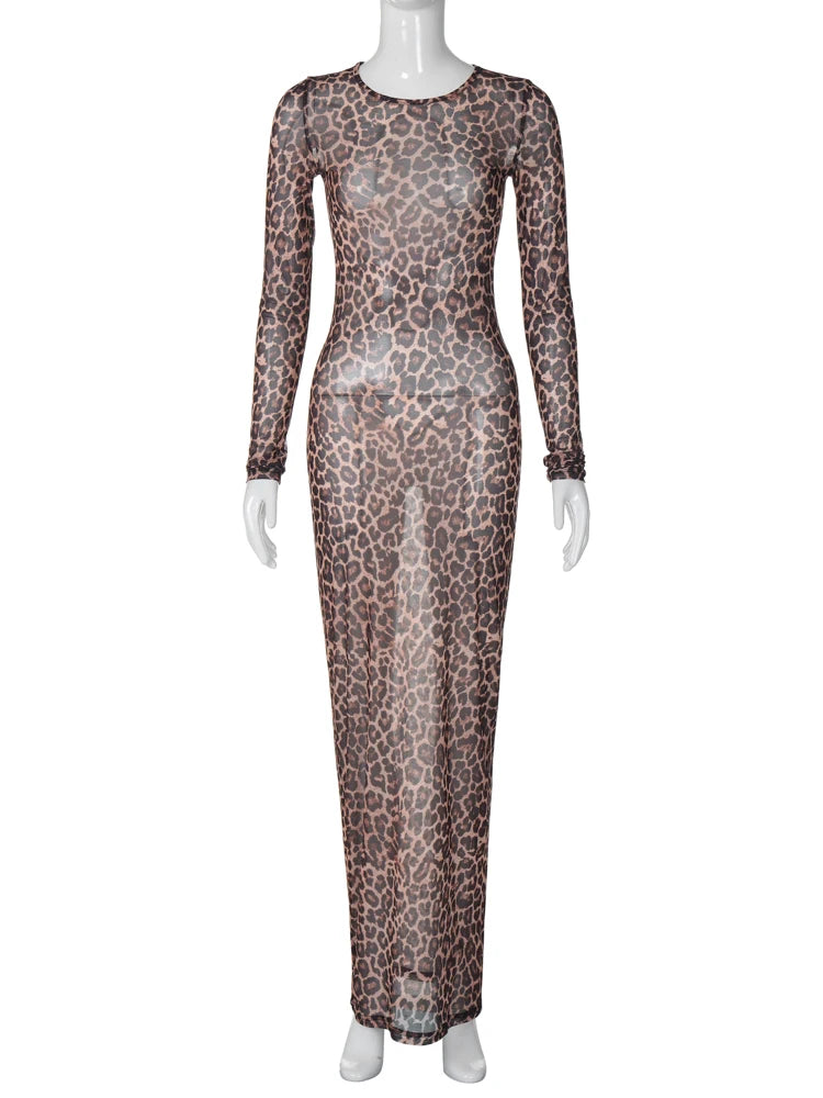 Leopard Print Mesh Long Sleeve Slim  See Through Maxi Dress