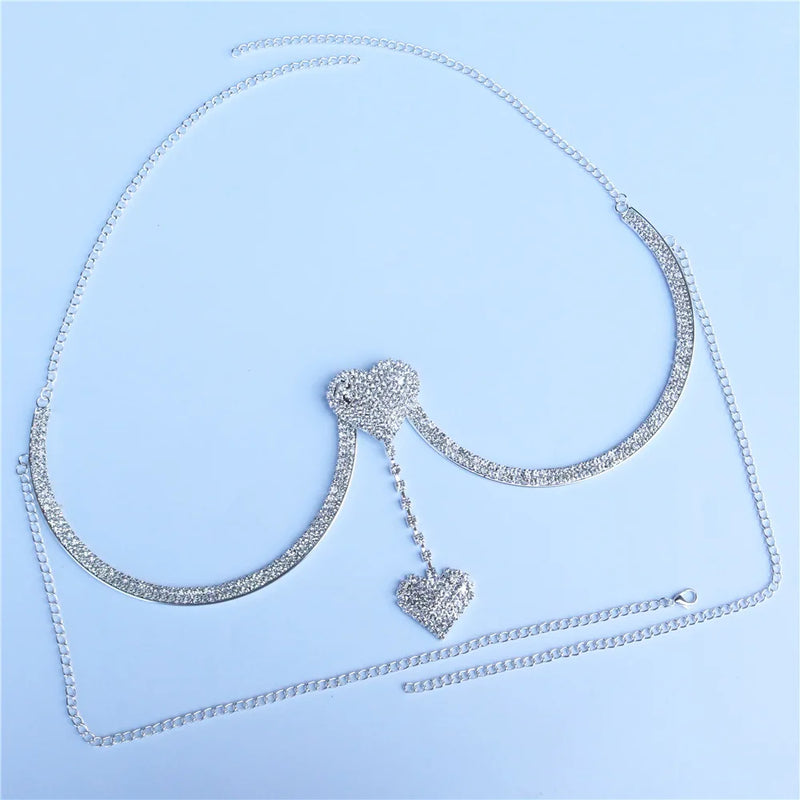 Simple Handmade Rhinestone Heart Chest Support Bra Chain Body Jewelry