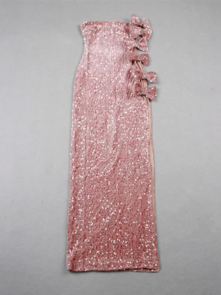 Luxury Strapless Split Bow Tie Mesh Sequins Pink Maxi Long Bodycon Gowns Dress