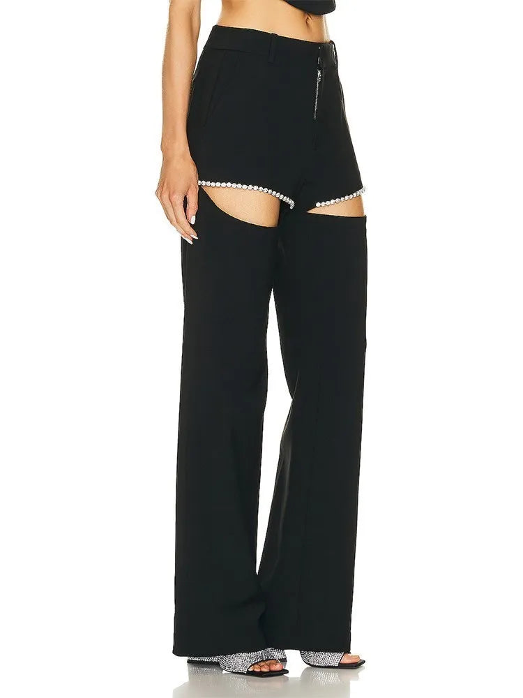 High Waist Denim Diamonds Straight Pant