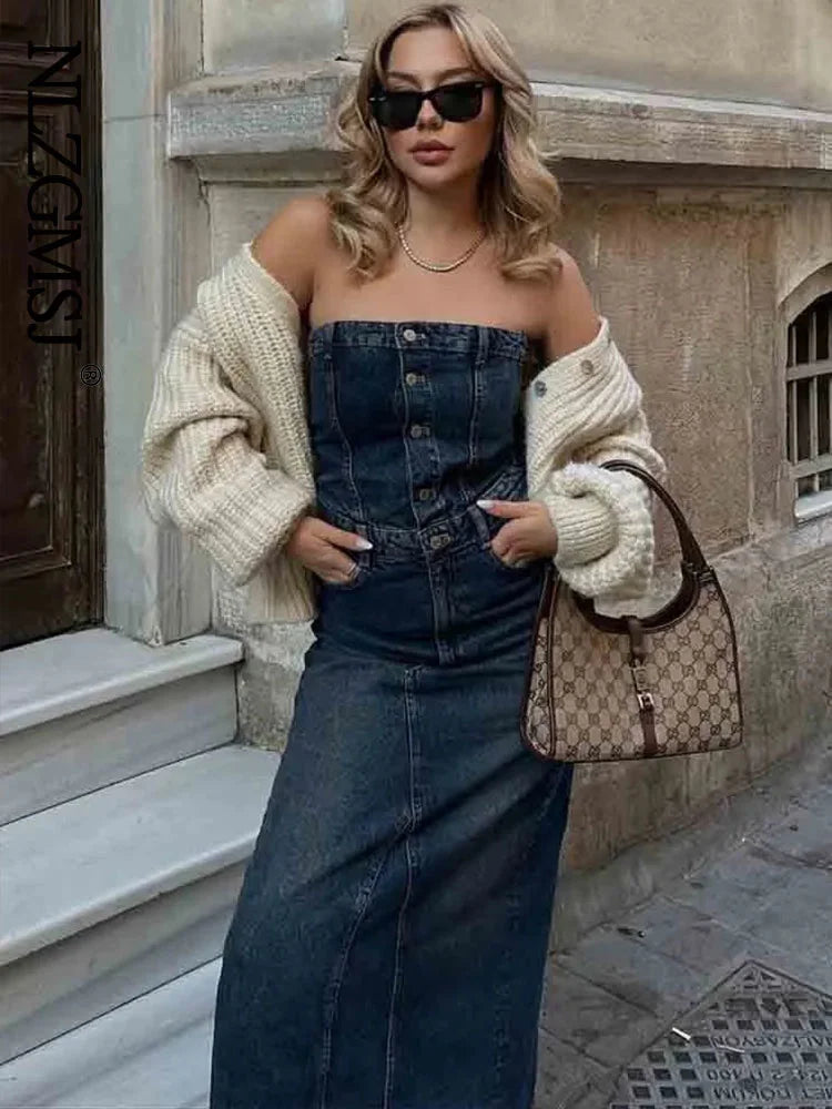 Denim Dress Elegant Slim Fit Female  Strapless Dress Buttons Bodycon Midi Dresses