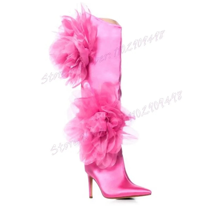 Pink Mesh Flower Decor Satin Boots Knee High Pointy Toe