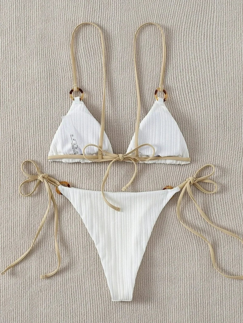 Bikini Set Cute White Ring Linked Triangle Tie Side Triangle Thong Biquini Swimsuit Swimwear Women Bathing Suit