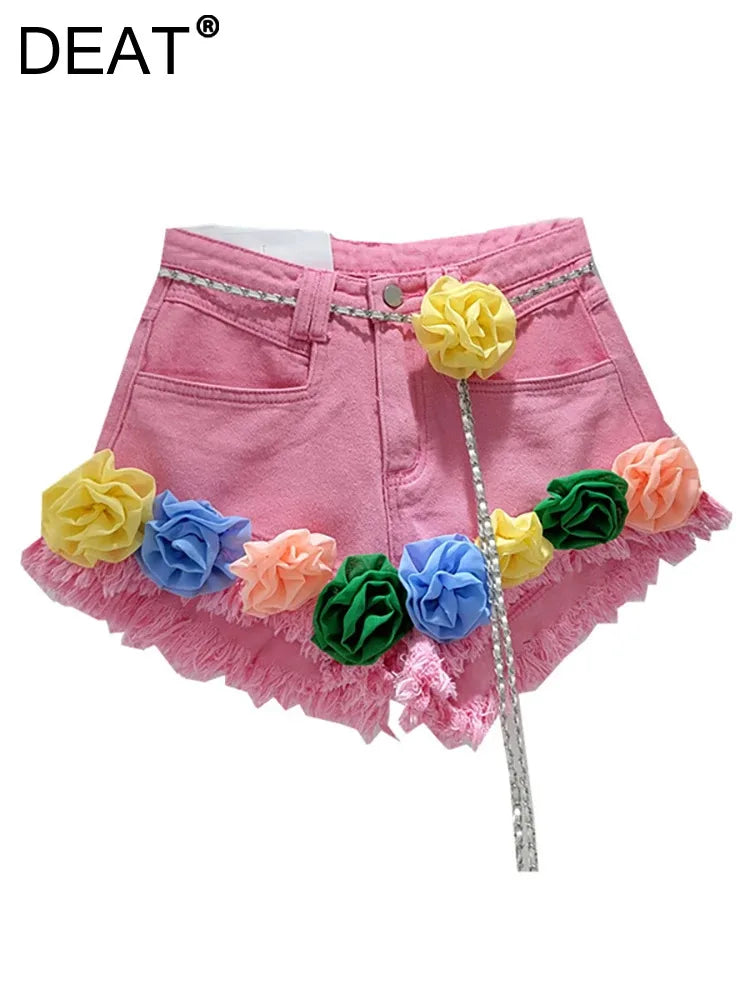 Denim Shorts Colorful 3D Flowers Twist Belt High Waist Burrs Wide Leg Short