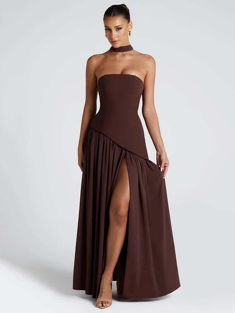 Balitops Patchwork Strapless Maxi Dress Women Scarf Collar Off-shoulder Backless Long Dress
