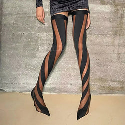 Mesh Over-Knee Elastic Boots Pointed Toe Thin Heel