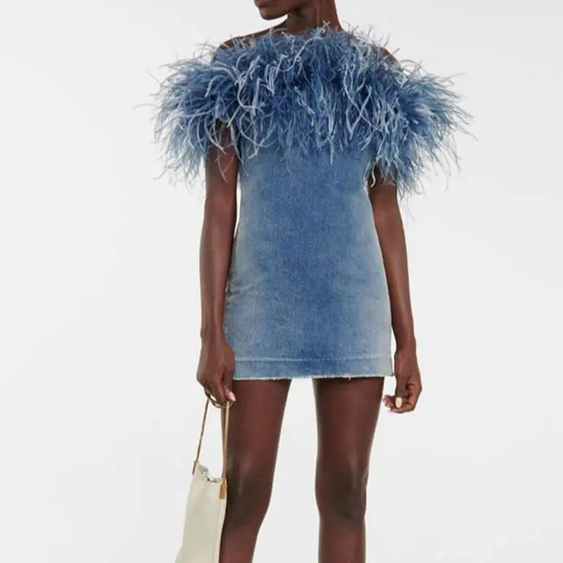 Women's Vintage Denim Bodycon Mini Dress with Belt, Sleeveless Jeans Dress Denim Dress Feather Dress