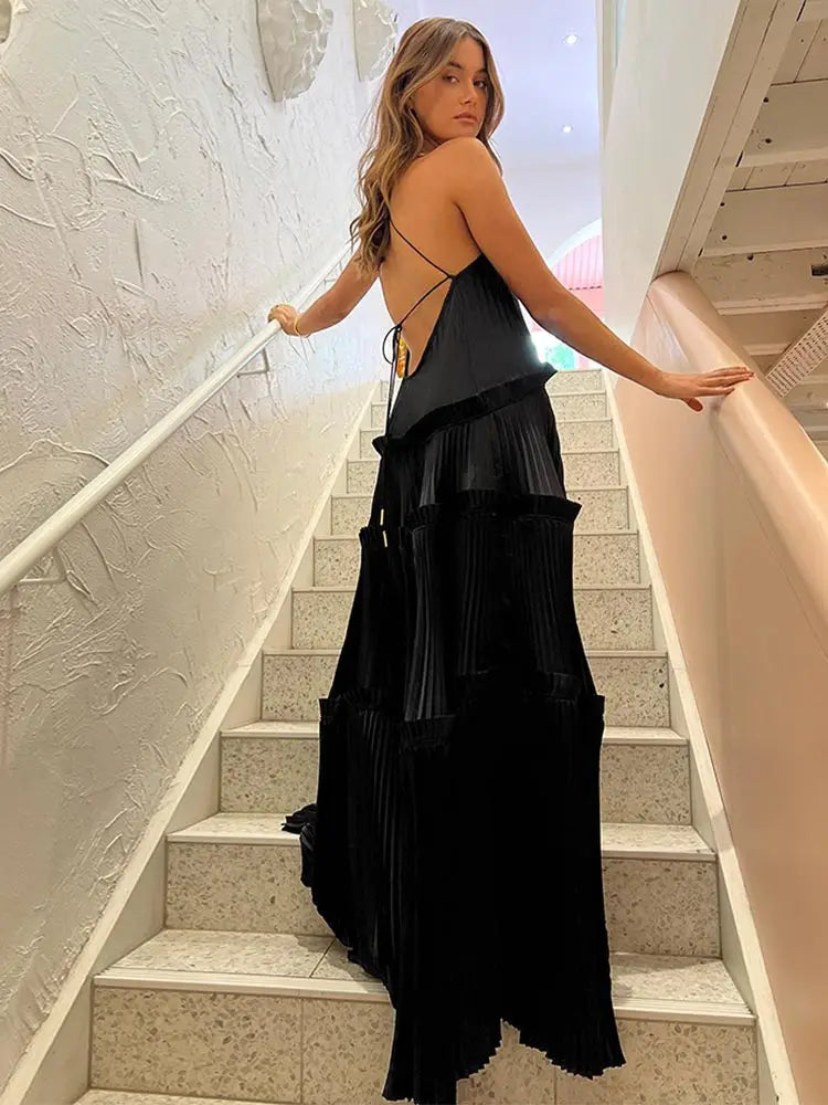 Lace Up Backless Ruffles Maxi Dress