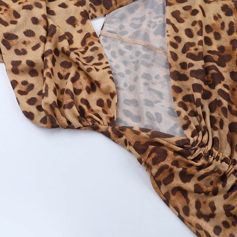 Women Leopard Print Bodycon Maxi Dress Hollow Out Cross Halter Lace Up Backless Drawstring Split Holiday Party Long Dress